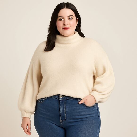 Sanctuary Women’s 1X Cream Mock Neck Cropped Fuzzy Balloon Sleeve Sweater NWT - Picture 1 of 14